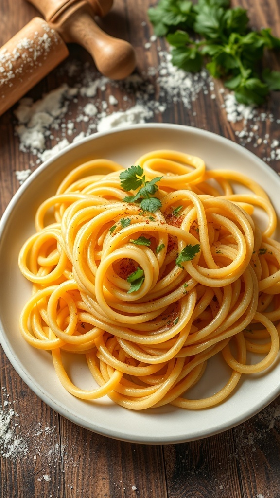 Homemade Noodles Recipe A plate of homemade noodles topped with sauce and herbs on a rustic wooden table.